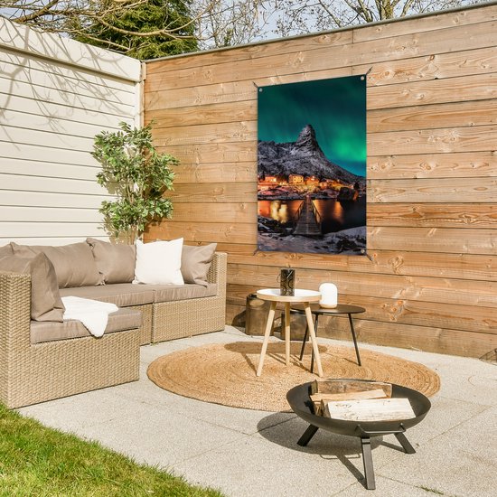 Posters de jardin extérieur Aurores Boréales - Islande - Neige - Village - Vert - Montagnes - 60x90 cm - Toile de jardin - Affiche extérieure