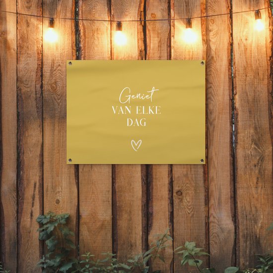 Affiche de jardin 80x60 cm - Décoration de jardin - Citation - Enjoy - Jaune - Texte - Coeur - Affiche pour le jardin - Décoration extérieure - Peinture de jardin de clôture - Décoration murale murale - Toile de jardin - Affiche extérieure