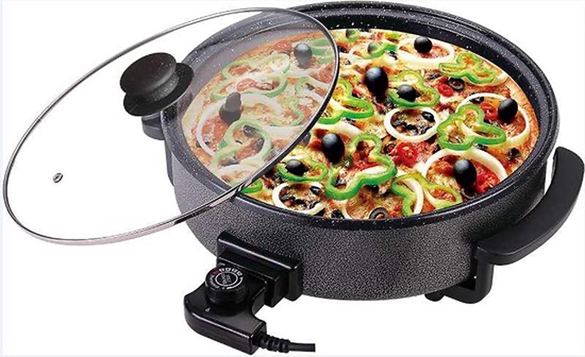 Bavary ® Hapjespan - Elektrische Hapjespan 36 cm x 7 cm diep - Pizza pan - Regelbare thermostaat - Met deksel - Paella pan - Zwart
