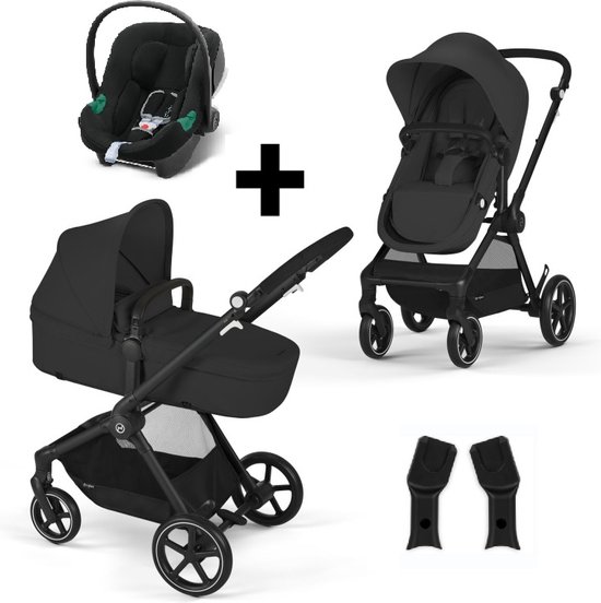 Set met zwarte kinderwagen met reiswieg, zitje, autostoel en adapters.