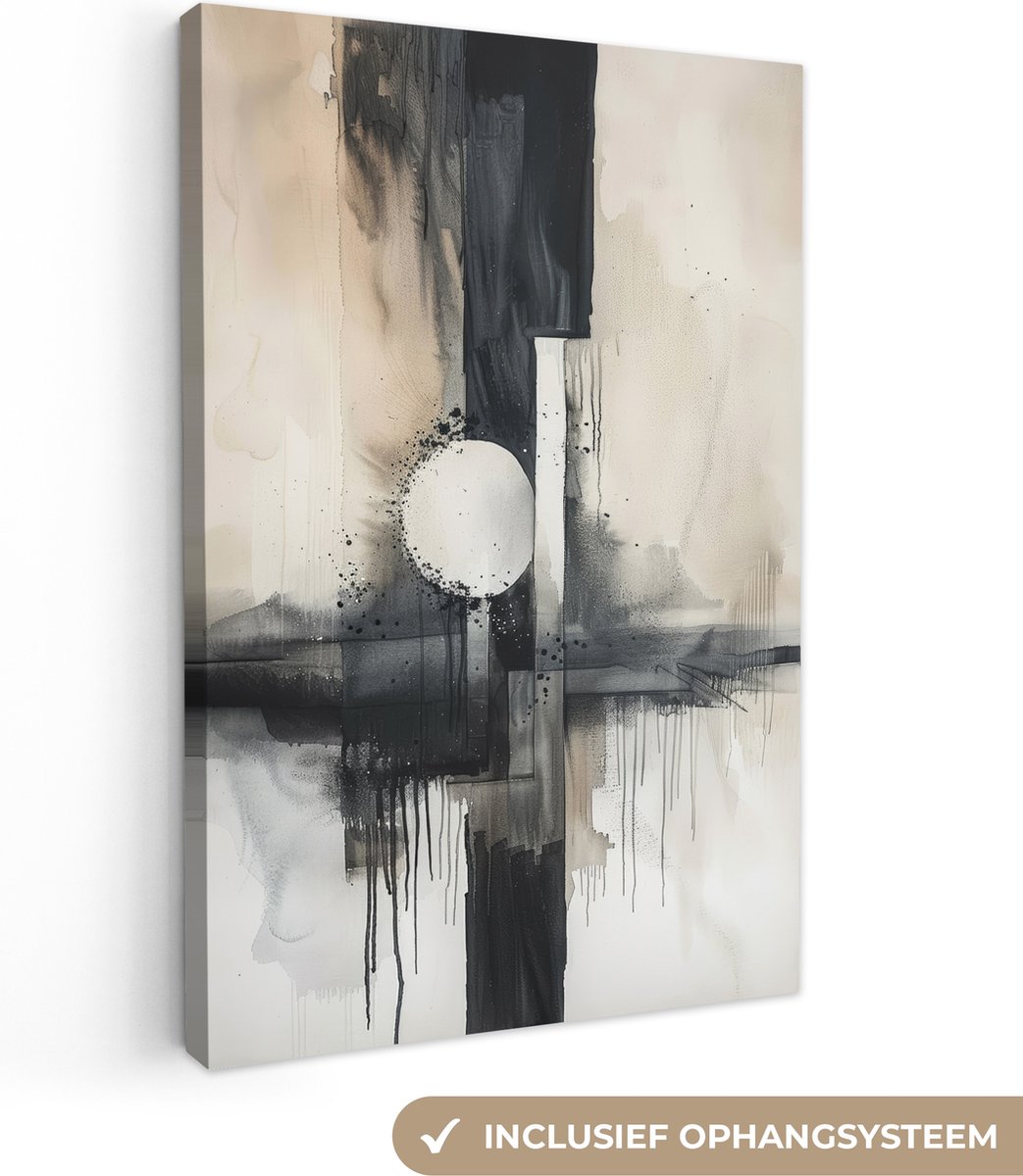 Canvas schilderij 40x60 cm - Wanddecoratie Abstract - Zwart wit - Verf - Modern - Muurdecoratie woonkamer - Kamer decoratie modern - Abstracte schilderijen