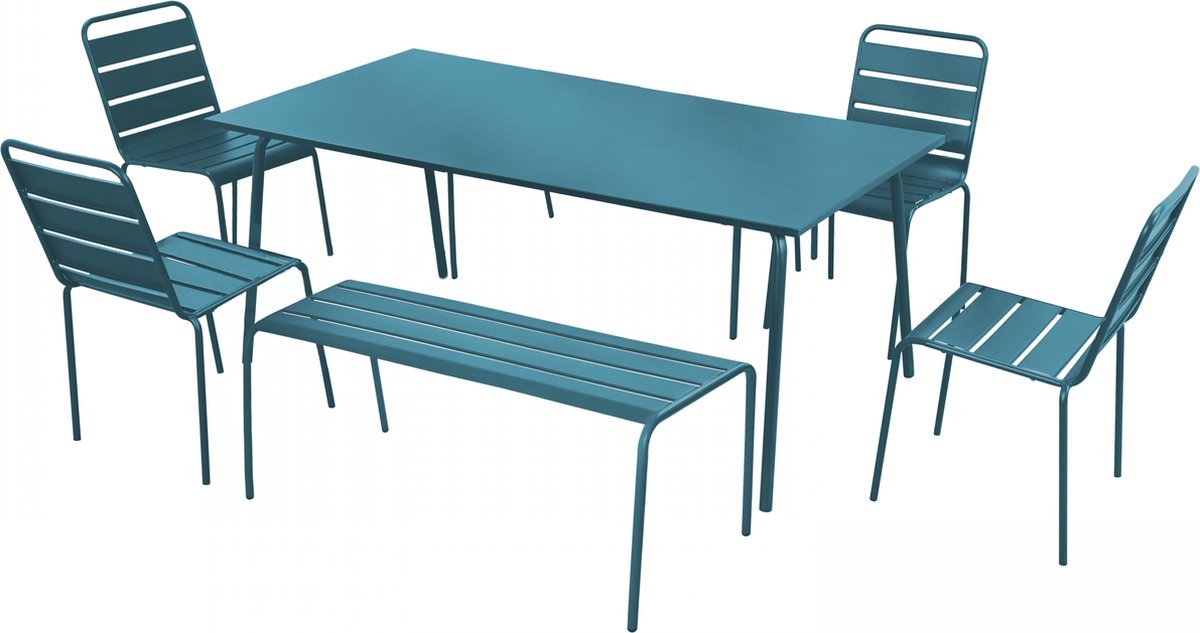 Tuinset van blauw pacifisch staal met 2 banken en 4 stoelen.