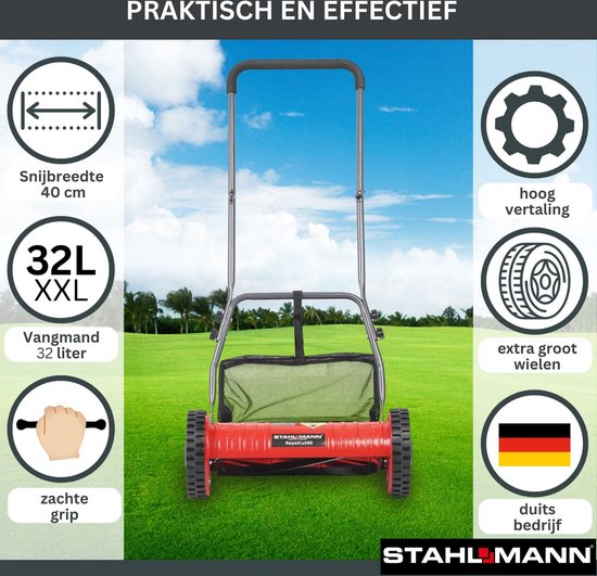 STAHLMANN RoyalCut Handmaaier Kooimaaier - Grasmaaier met 40 of 30 cm Maaibreedte, 27 liter Grasopvangbak, 4-traps Maaihoogteverstelling - Handmatige Grasmaaier Kooimesmaaier - Stil en Milieuvriendelijk van STAHLMANN — afbeelding 2