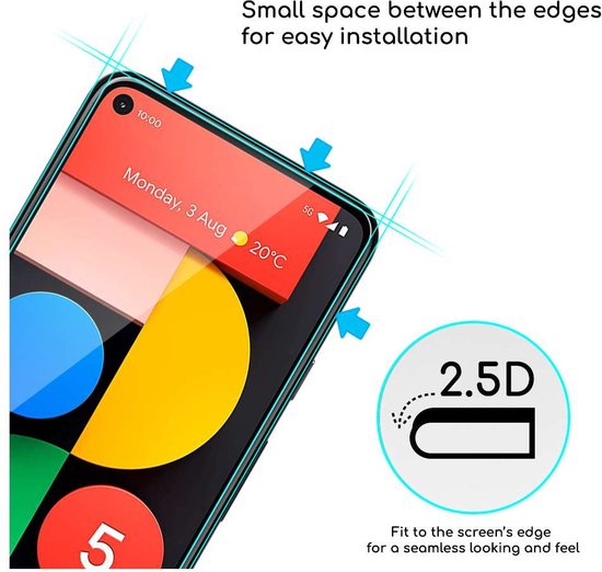 Google Pixel 5 scherm met '2.5D' tekst en pijlen die de randen aangeven.