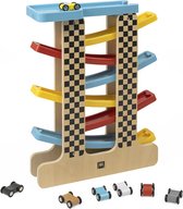 Eurekakids Race Ramp Hout - Racebaan met 7 Slide Auto's - Solide Houten Rollerbaan Garage met 8 Lagen - Racetrack Slide - 41 x 30 cm