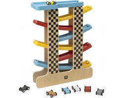 Eurekakids Race Ramp Hout - Racebaan met 7 Slide Auto's - Solide Houten Rollerbaan Garage met 8 Lagen - Racetrack Slide - 41 x 30 cm