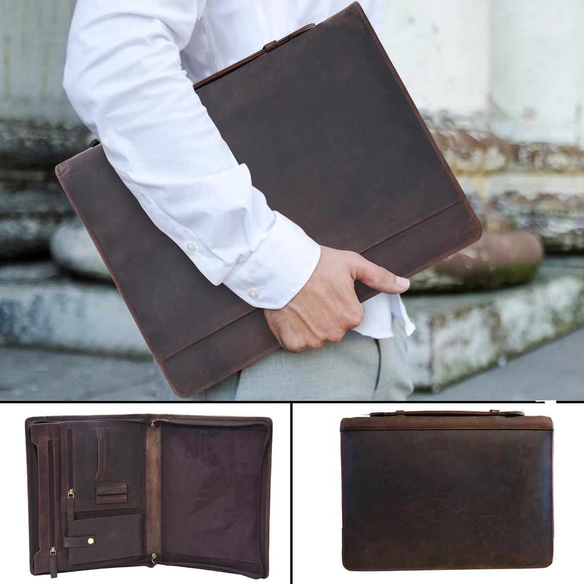 Exclusieve handgemaakte lederen A4-conferentiemap voor de veeleisende gebruiker- stijlvolle Laptop portfolio en schrijfmap van tijdloze elegantie en de hoogste kwaliteit' portfolio van echt leer - Cadeautje voor hem - met Geschenkdoos
