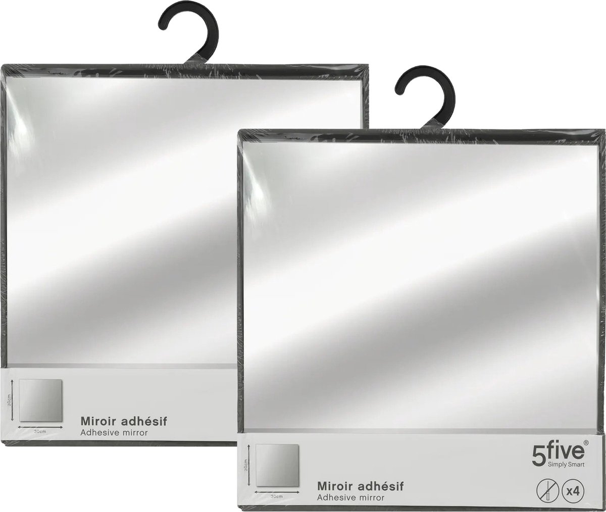 5Five® 5Five Plak spiegels tegels - 8x stuks - glas - zelfklevend - 30 x 30 cm - vierkantjes - muur/deur/wand Zilver