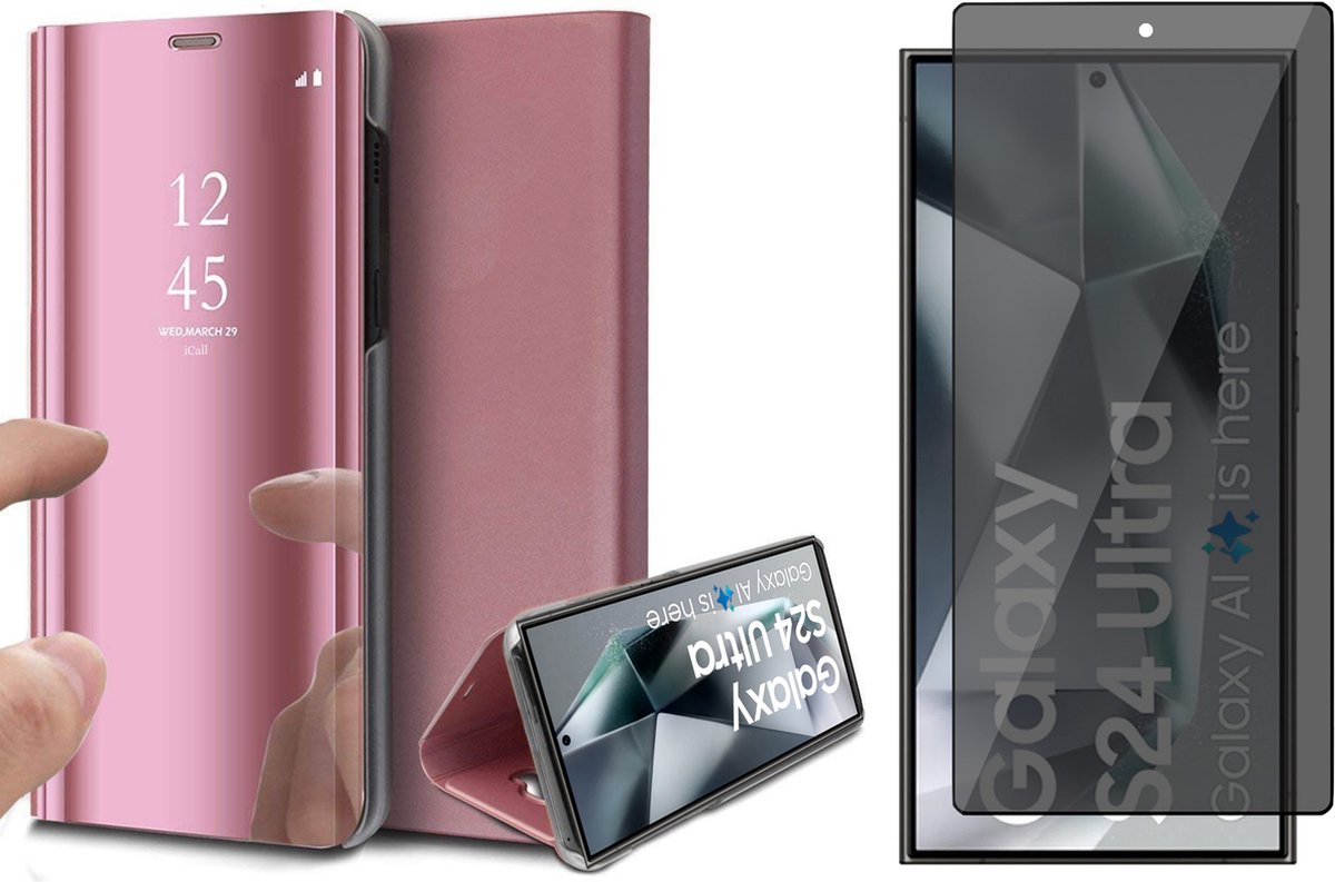 Hoesje geschikt voor Samsung Galaxy S24 Ultra - Privacy Screenprotector Volledig Dekkend Glas - Spiegel Book Case Rosegoud