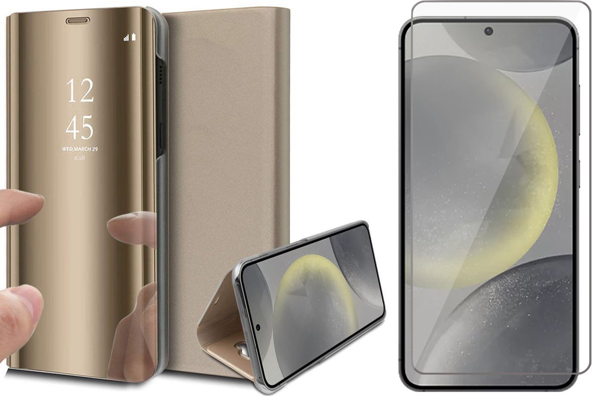 Hoesje geschikt voor Samsung Galaxy S24 - Screenprotector Glas - Spiegel Book Case Goud