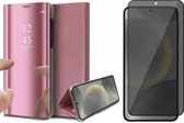 Hoesje geschikt voor Samsung Galaxy S24 - Privacy Screenprotector Volledig Dekkend Glas - Spiegel Book Case Rosegoud