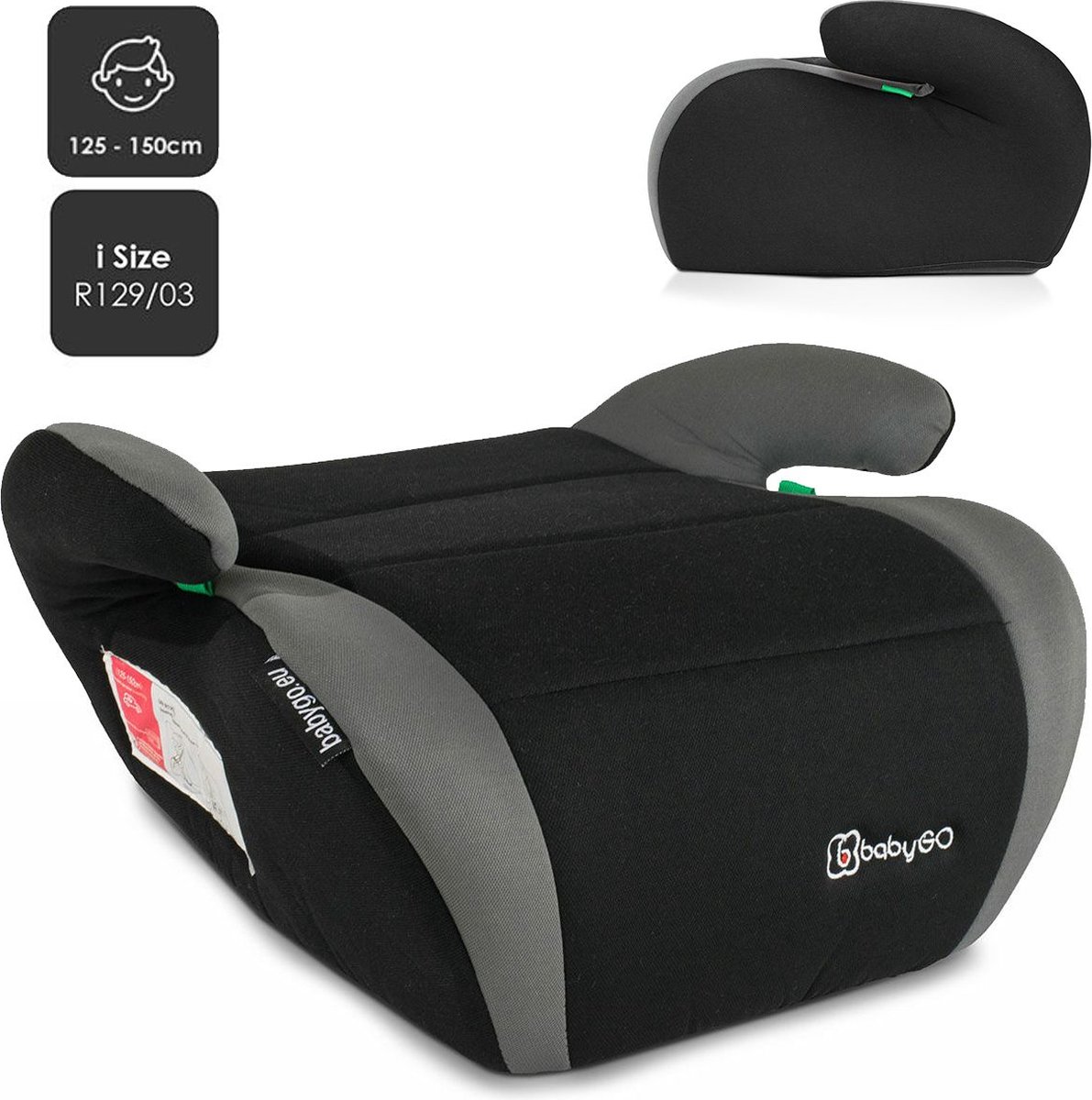 BabyGO autostoel Booster iSize - Zitverhoger - Stoelverhoger - Autogordel bevestiging - Grijs (voor kinderen van 125 - 150cm) - BabyGO