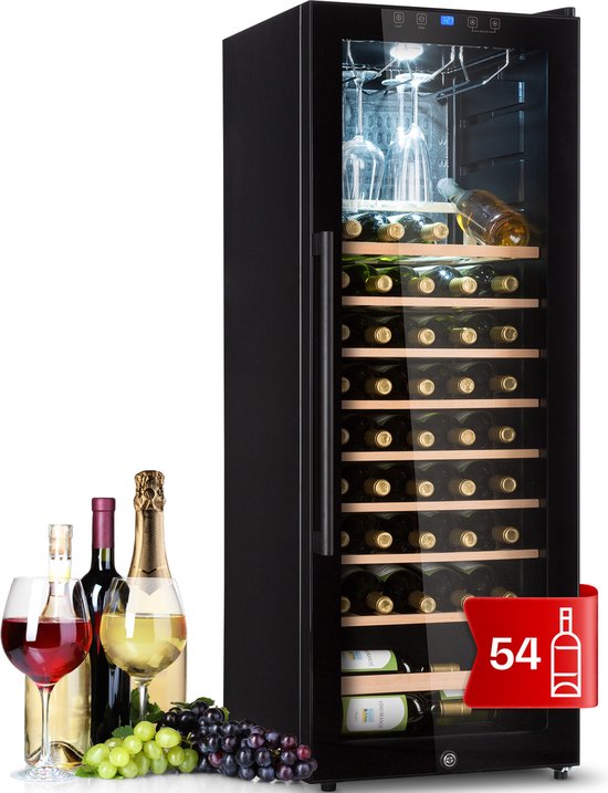 Klarstein Barossa 54 Uno Wijnkoelkast - 155 Liter - 54 Flessen - Glazen deur - Touch bediening - LED Verlichting - Zwart