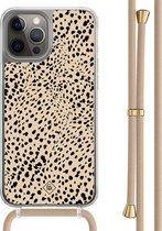 Casimoda® hoesje met beige koord - Geschikt voor iPhone 12 Pro - Stippen bruin abstract - Afneembaar koord - TPU/polycarbonaat - Bruin/beige