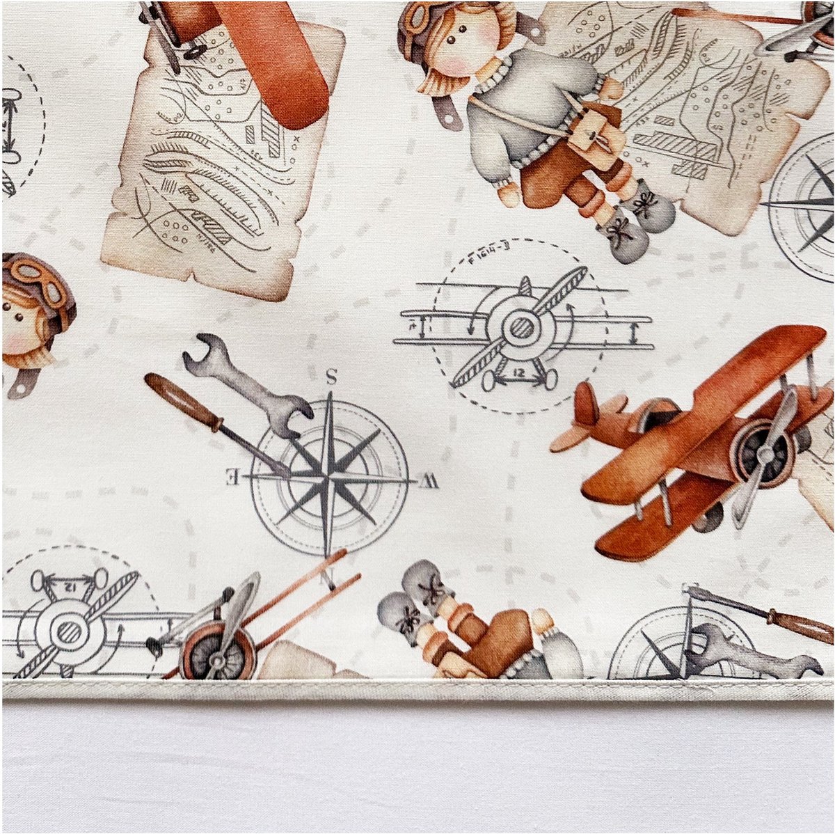 BINK Bedding Wieglaken Raf 75 x 100 cm - laken voor wieg - laken voor kinderwagen - handige piloot - vliegtuig - wereldreiziger - ecru - oranje - terra - bruin - grijs - baby