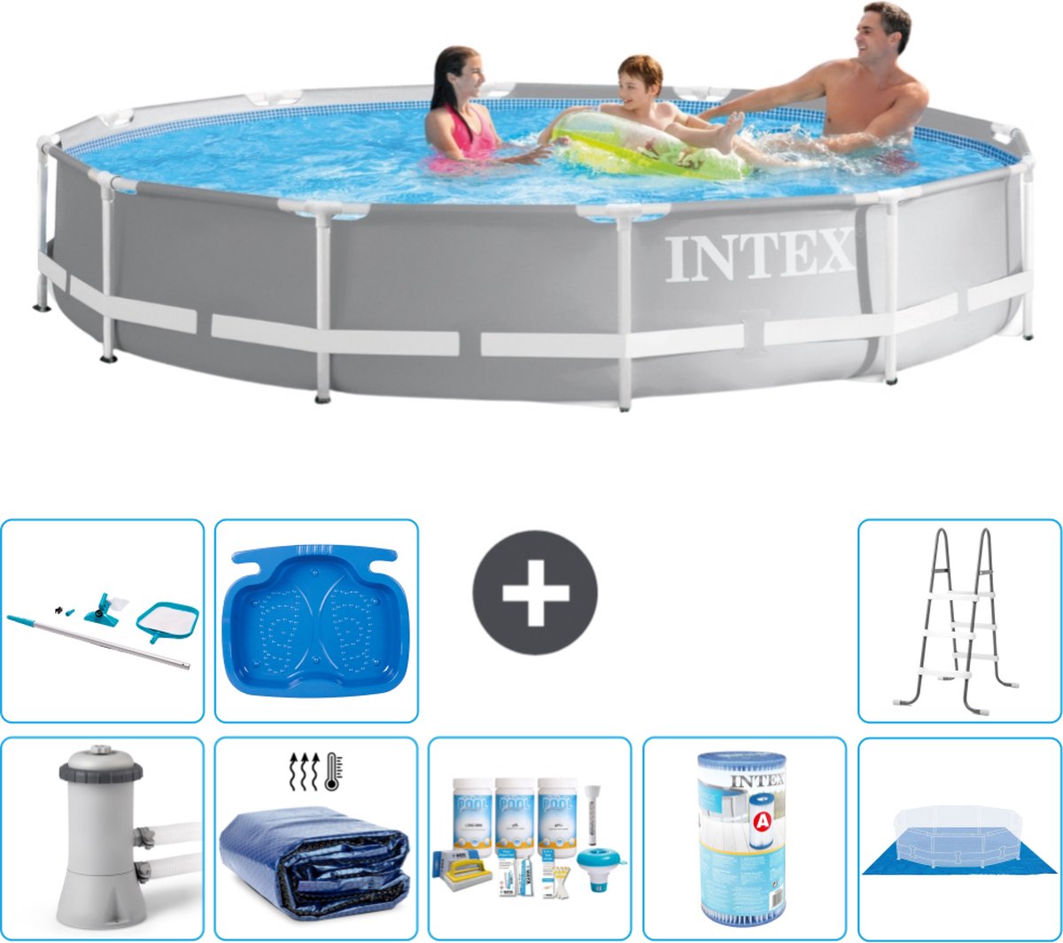 Intex Rond Prism Frame Zwembad - 366 x 76 cm - Grijs - Inclusief Pomp - Solarzeil - Onderhoudspakket - Filter - Grondzeil - Schoonmaakset - Ladder - Voetenbad - 9-delig