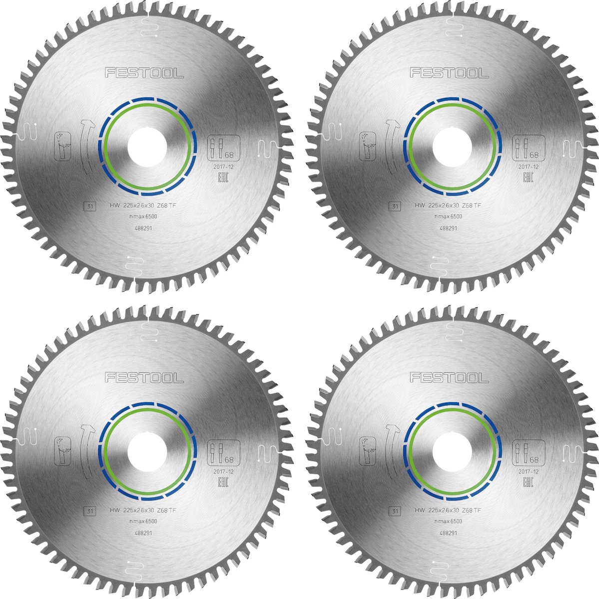 Festool HW 225x2 6x30 TF68 cirkelzaagblad aluminium kunststof 4 st. ( 4x 488291 ) 225 x 2 6 x 30 mm 68 tanden voor aluminium non-ferrometalen kunststof PVC