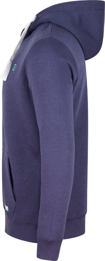 Zijaanzicht van een donkerblauwe regular fit sweater met capuchon.