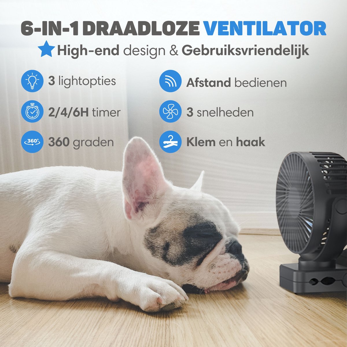 Vulpes Goods® Tech - Mini USB Ventilator PRO - Oplaadbare Tafelventilator - Stille Mini Fan met Afstandsbediening - Handventilator - Klein, Stil & Geruisloos - 3 Snelheden & Verlichting - 12000 mAh & Powerbank functie - Premium Zwart — afbeelding 2