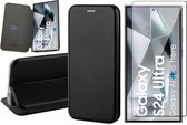 Hoesje geschikt voor Samsung Galaxy S24 Ultra - Screenprotector Volledig Dekkend Glas - Wallet Book Case Zwart