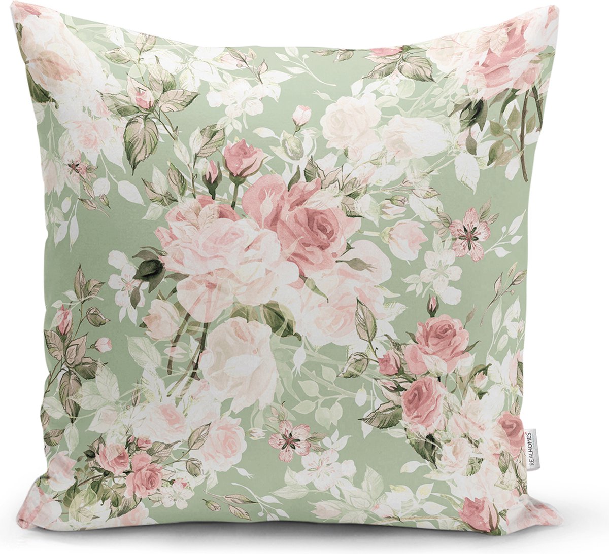 De Groen Home BLOEM - Sierkussen Velvet - 50x50 cm - Pastel bloemen - Inclusief binnenkussen - Fluweel Lichtgroen