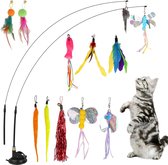15 stuks interactief kattenspeelgoed met belletjes, kattenhengelspeelgoed met zuignapbasis, veer/muis/vishengelspeelgoed voor kleine grote katten
