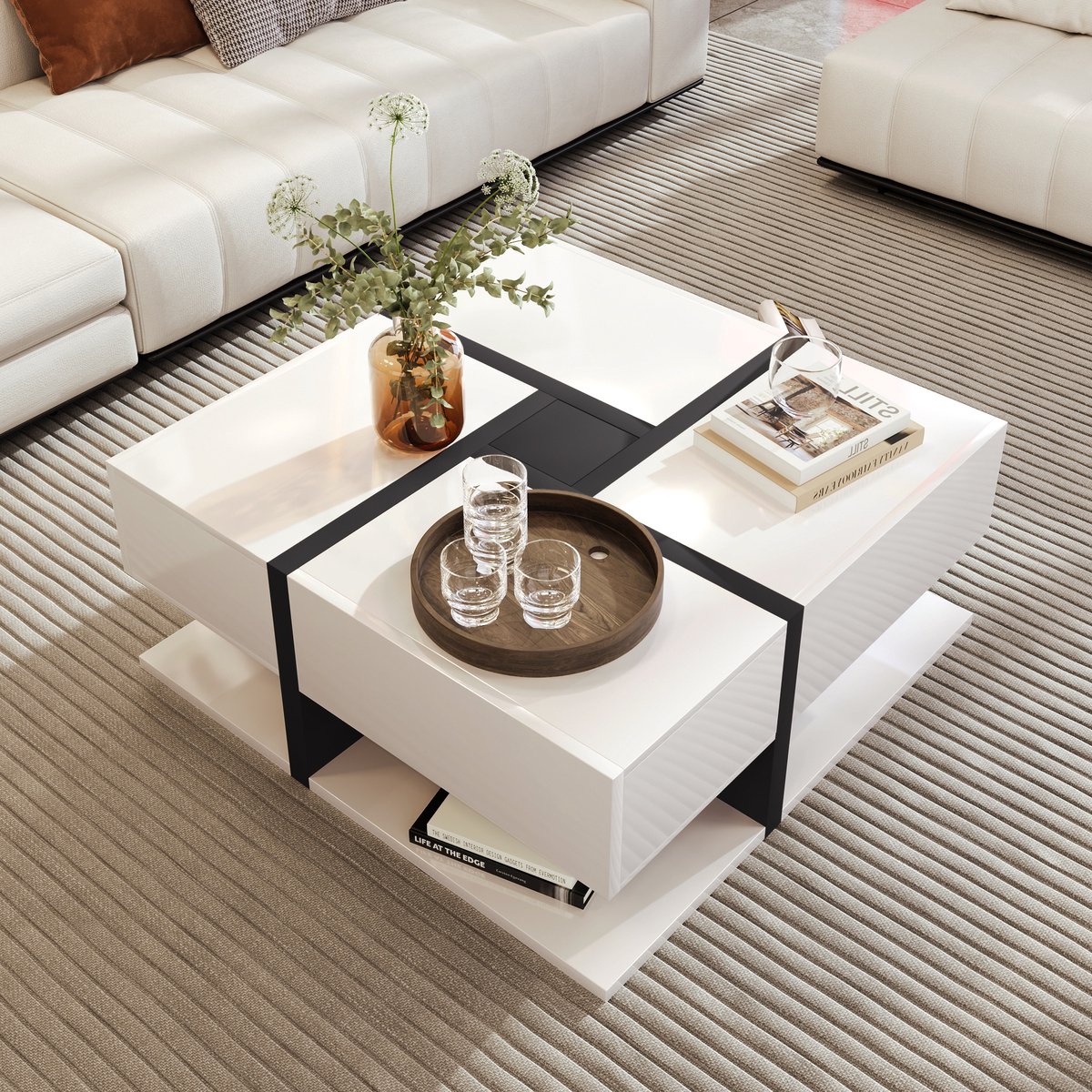 Sweiko Hoogglans salontafel, tafel met 4-laden, unieke kleurmatching en lijnontwerp, opbergruimte eronder, 78*78*36cm. Verzending in 2 afzonderlijke pakketten, Installatie vereist