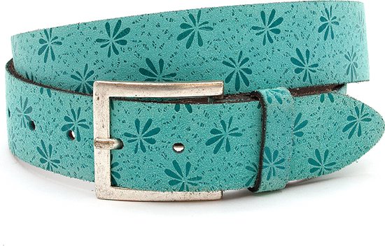 A-Zone Dames riem turquoise met bloemmotief - dames riem - 4 cm breed - Turquise - Echt Leer - Taille: 105cm - Totale lengte riem: 120cm