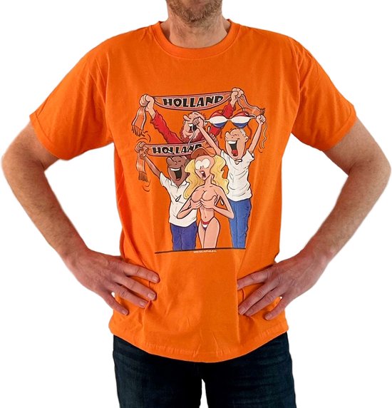 Oranje Fan shirt - Cartoon Humor - Opdruk - EK 2024 - Olympische spelen - door: Cartoon ontwerper Roland Hols - maat M - Fruit of the Loom