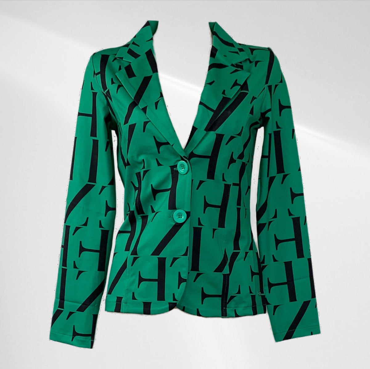 Angelle Milan - Casual blazer - Groen met zwarte letters - Travelstof - Maat S - In 5 maten verkrijgbaar