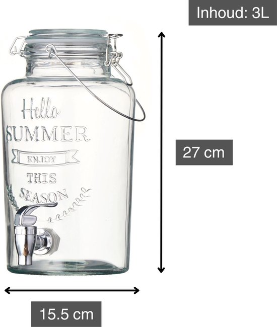 Transparante glazen drankdispenser van 3L met 'Hello Summer' opdruk, 27 cm hoog en 15,5 cm breed.