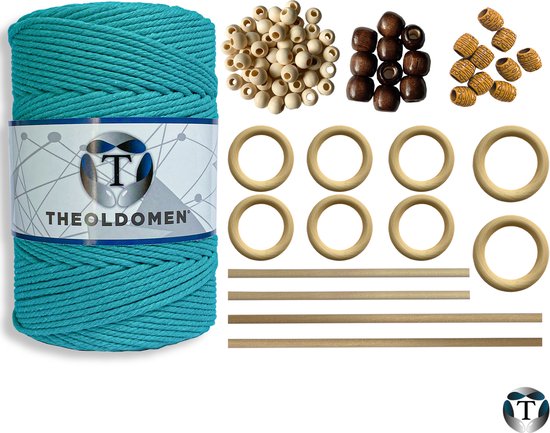 Macramé Pakket | 200 METER | Incl. Handleiding | Teal | Starter Set | Ringen | Kralen |Stokken | Macramé Touw | 3mm | 100% Katoen | Macramé | Decoratie | DIY | Doe Het Zelf | Wandkleed | Dromenvanger | Plantenhanger | Tassen | TheOldOmen |