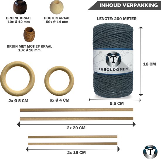 Macramé Pakket | 200 meter | Incl. Handleiding | Donkergrijs | Starter Set | Ringen | Kralen |Stokken | Macramé Touw | 3mm | 100% Katoen | Macramé | Decoratie | DIY | Doe Het Zelf | Wandkleed | Dromenvanger | Plantenhanger | Tassen | TheOldOmen |