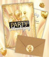 Uitnodiging kinderfeestje + Enveloppen & Sluitstickers - Gold - Voordeelset 20 stuks - Uitnodiging verjaardag - Jongen of meisje - uitnodigingskaarten + kraft envelop - Verjaardag Feest