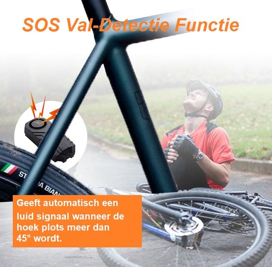 Man ligt op de grond naast een fiets met een alarm apparaatje erop, met tekst 'SOS Val-Detectie Functie'.