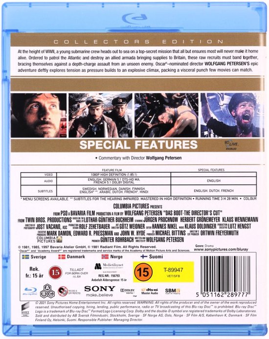Achterkant Blu-ray hoes Das Boot: Directors Cut. Bevat "Special Features" en details over de film.