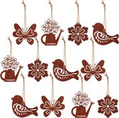 12 stuks patina vintage hangende decoratie vogel bloemen gieter vlinder decoratieve hanger roestlook tuindecoratie metalen figuur paasdecoratie om op te hangen met touw, voor thuis, outdoor, muurkunst