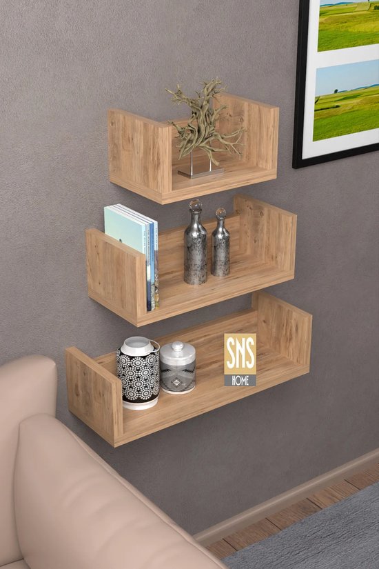Traummöbel Wandrek Karo Eiken Donker MDF Hangrek Zwevend Boekenrek voor Woonkamer, Slaapkamer en Keuken, voor Decoratie, Planten enz