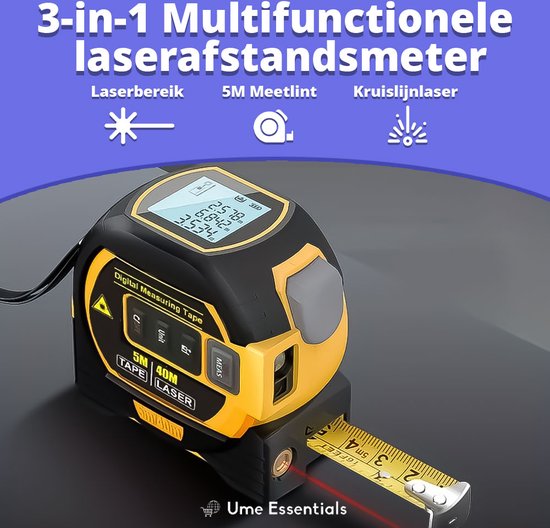 Ume Essentials - Rolmaat - 40 Meter Digitale Laser - 5 Meter Meetlint - Roestvrij - Inclusief Display - Kruislijnlaser - Ume Essentials
