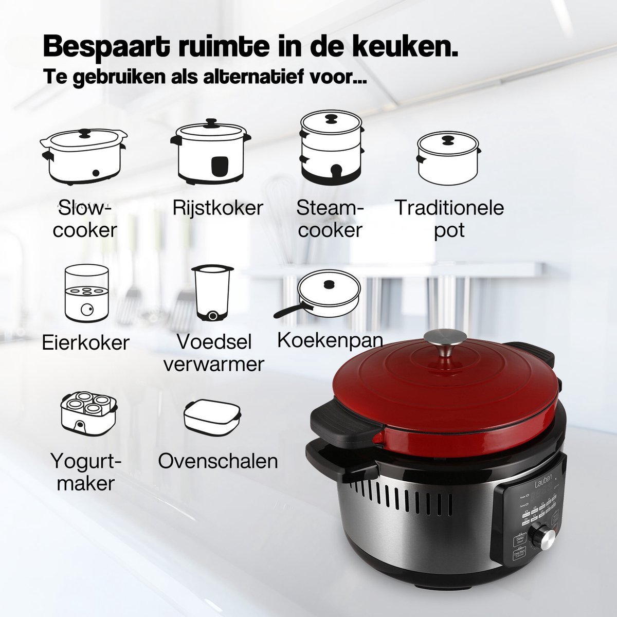 Lauben Multicooker - Snelkookpan - Slowcooker - Snelkookpan 6 liter - Slowcooker met timer - OvenSafe® - 6 Liter - 1500W - Rood/Zilver – foto 3