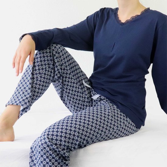 Medaillon Dames Pyjama - Katoen - Navy Blauw. - Maat 3XL