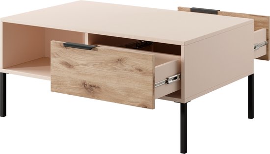 RAVA salontafel - Tafel met plank en lade - Soft close - Beige + Viking eik - 96 cm