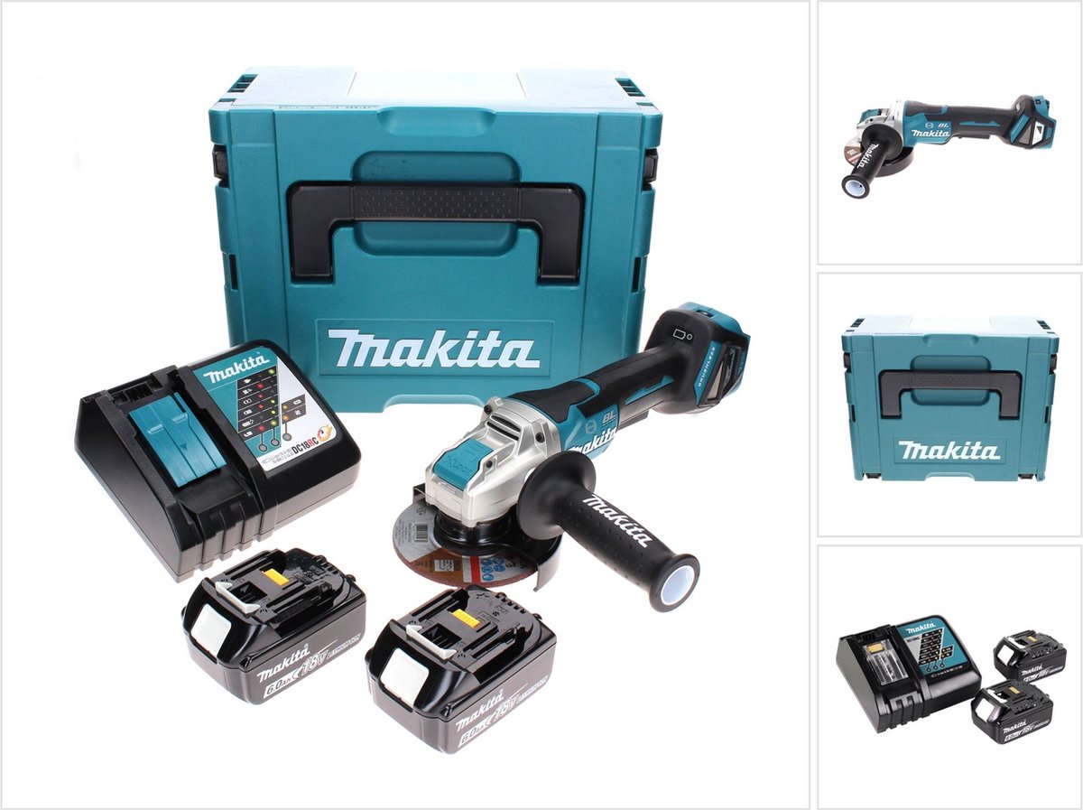 Makita DGA 519 RGJ Accu haakse slijper 18 V 125 mm Brushless X-Lock + 2x accu 6.0 Ah + lader + Makpac
