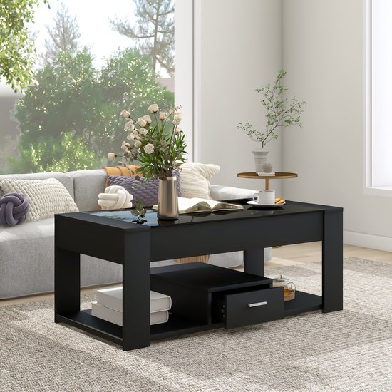 Sweiko Table basse de salon, plan de travail en verre, meuble de rangement et espace de rangement, 100 x 50 x 40 cm, Zwart