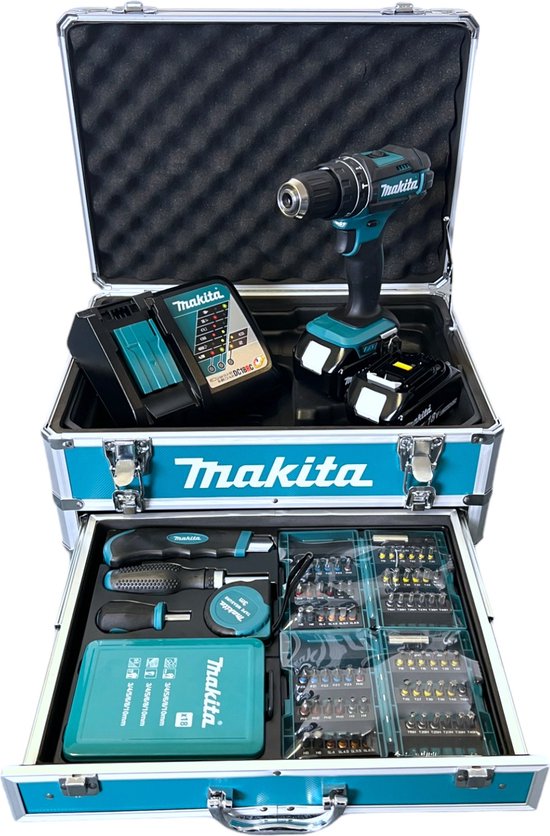 Foto: Makita dhp482rfx9 18v li ion accuboormachine met klopfunctie 2x 3 0ah accu lader aluminium koffer accessoireset