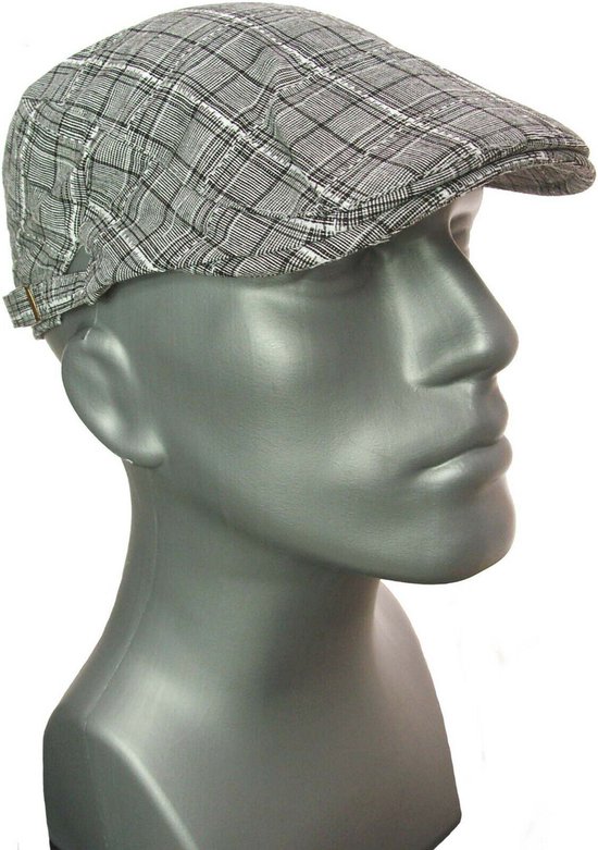 Zomerpet herenpet platte pet flatcap kleur grijs met ruitje maat one size