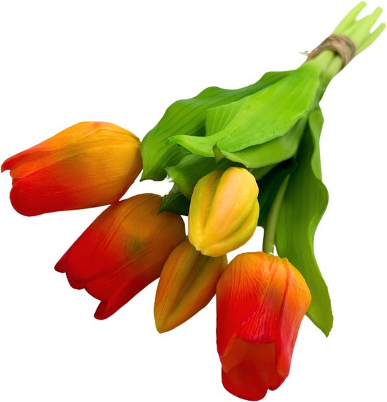 Kunst tulpen boeket - Oranje - 33 cm - 5 stelen - Kunst boeket - Tulpenboeket - Real touch - Voorjaar