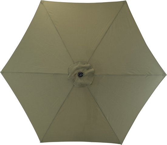 Bovenaanzicht van een olijfgroene, zeshoekige parasol, gesloten.