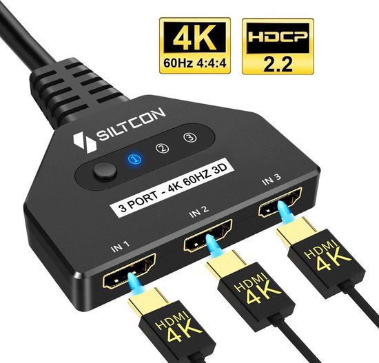 Switch HDMI Siltcon - 3 entrées 1 sortie - Plug & Play - Dolby / 3D - Qualité Premium - Câble HDMI inclus - 4K@60hz