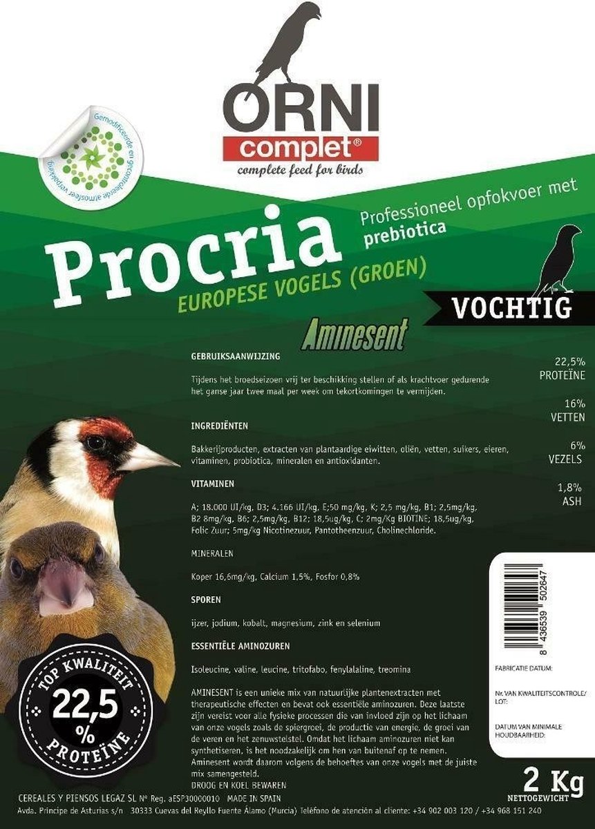 Eivoer Groen Europese Cultuurvogels Procria Orni Complet 2 kg Vochtig